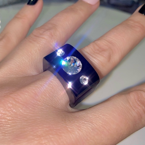 Women’s Crystal Ring, Black Acrylic, Cube Shaped Ring, Crystal Gemstone Ring - Picture 11 of 16